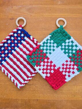 Set of 2 Handmade Artisan Woven Loomed Italian American Hot Pads Trivets Décor